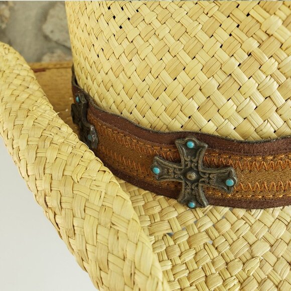 BULLHIDE straw Cowboy Hat Ranch Western Size M suede band Turquoise And Crosses main image 12